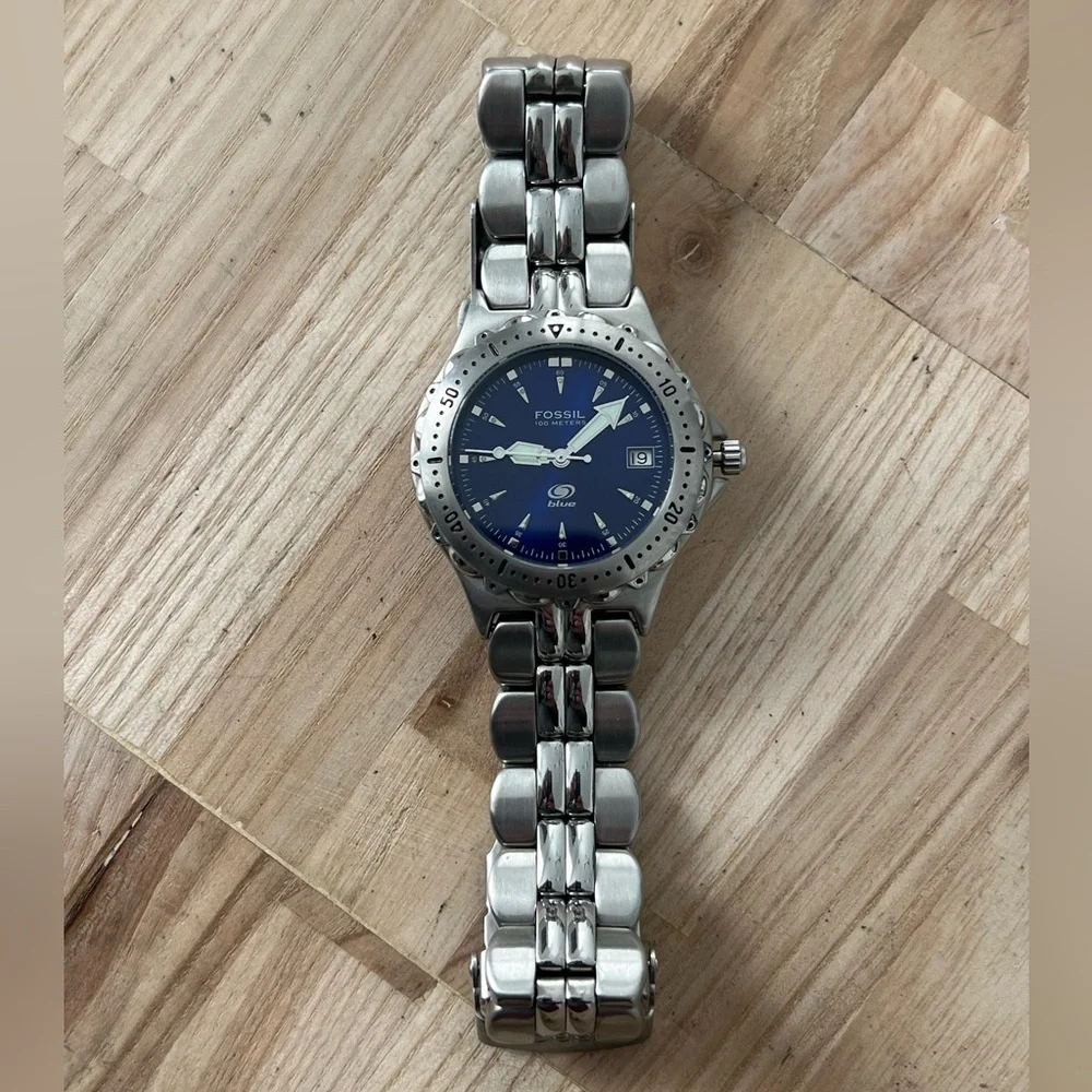Fossil Blue Watch Stainless Weave Bracelet Dark Blue Dial Date Window